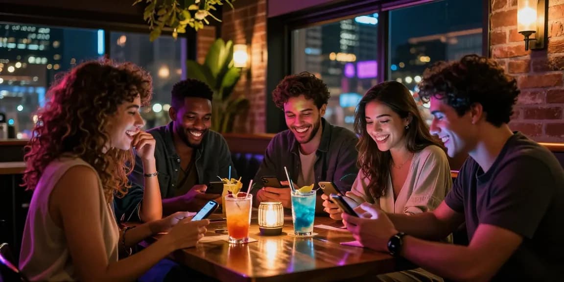 Friends enjoying NSFW nightlife scene with drinks and laughter at a trendy bar.