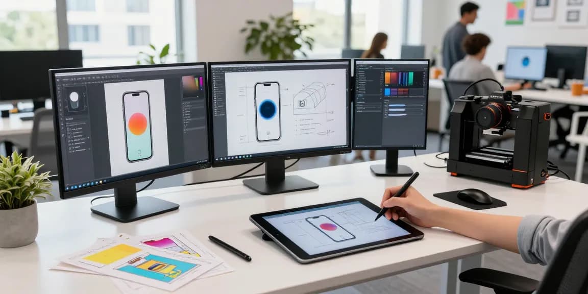 Designer creating a tri-fold phone prototype in a bright office, showcasing innovative tech design.