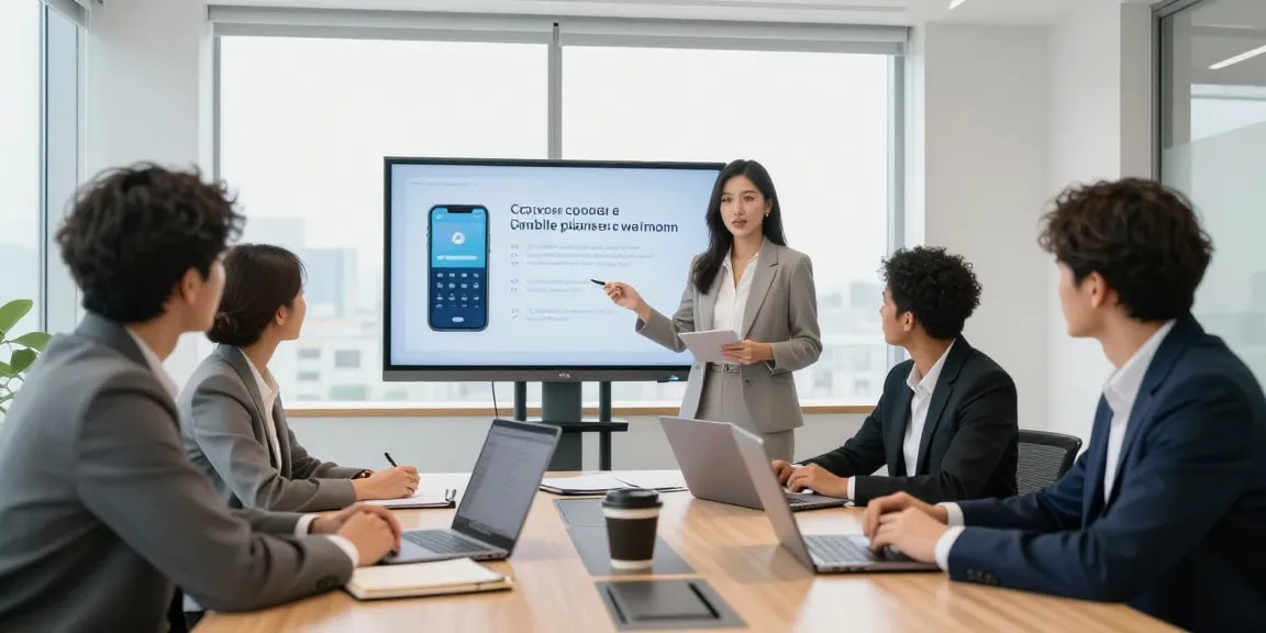 Collaboration on corporate mobile plans UK in a modern office conference room.