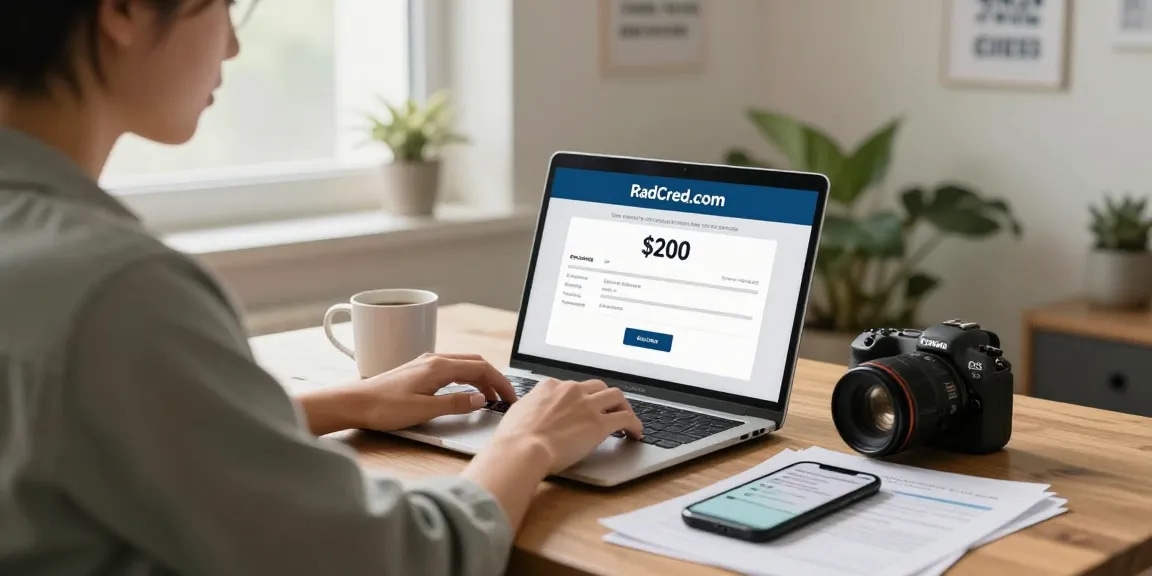 Applying for a $200 loan online with RadCred.com in a cozy home office.