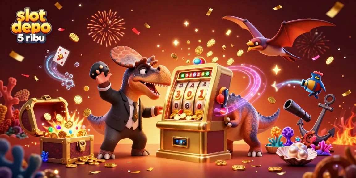 Experience the thrill of slot depo 5 ribu as cartoon dinosaurs celebrate jackpot wins amidst vibrant casino elements.