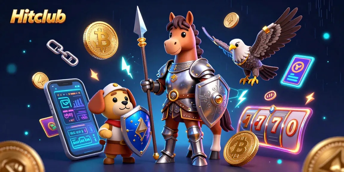 Experience Hitclub's thrilling slots with a medieval themed 3D knight and puppy amidst Bitcoin and Ethereum elements.
