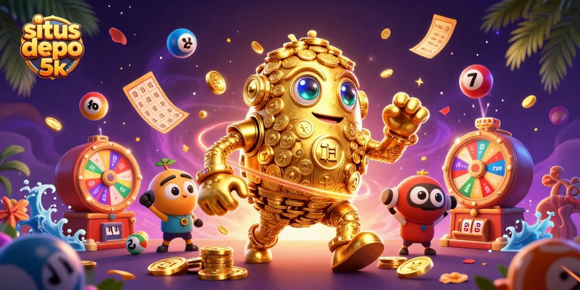 Experience thrilling moments with situs depo 5k, featuring a dynamic golden golem amid vibrant casino elements.