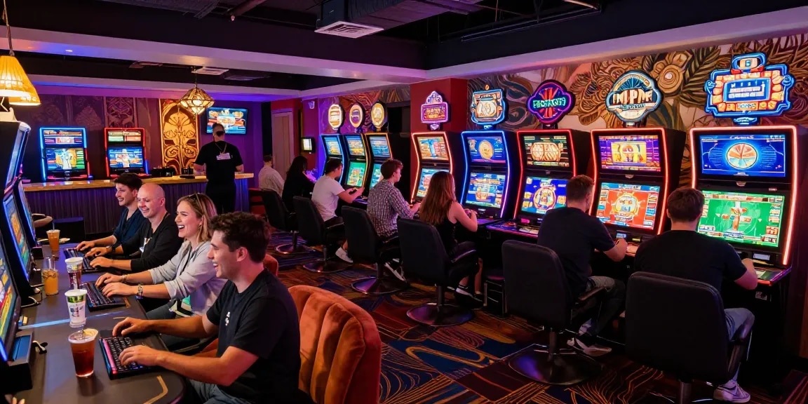 Players enjoying various games at non UK casinos in a vibrant lounge atmosphere.