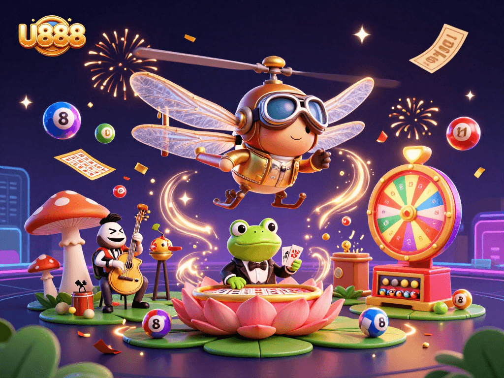 Experience thrilling gaming at U888 with a vibrant 3D casino scene filled with action and excitement.
