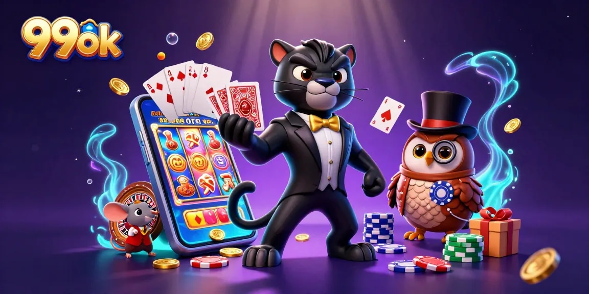 Play exciting games at 99ok with stylish characters dealing cards and vibrant casino elements.
