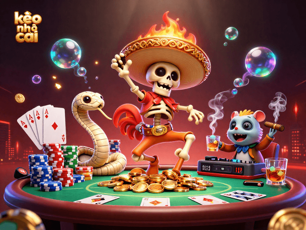 Experience the thrilling atmosphere of kèo nhà cái with colorful characters and vibrant casino elements.