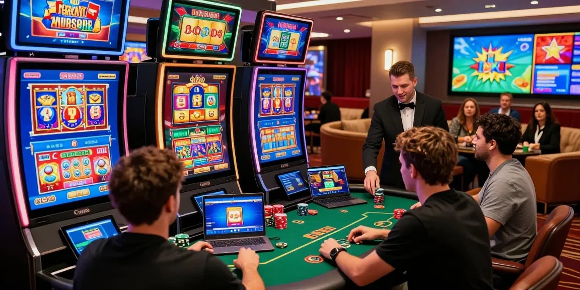 Engaged players enjoying games at non UK registered casinos with vibrant screens and an inviting atmosphere.