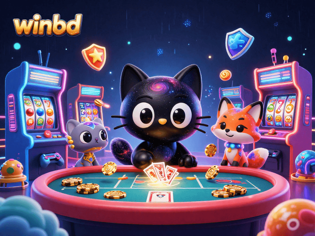 Players enjoy thrilling actions at winbd casino, betting with golden chips and vibrant slot reels.