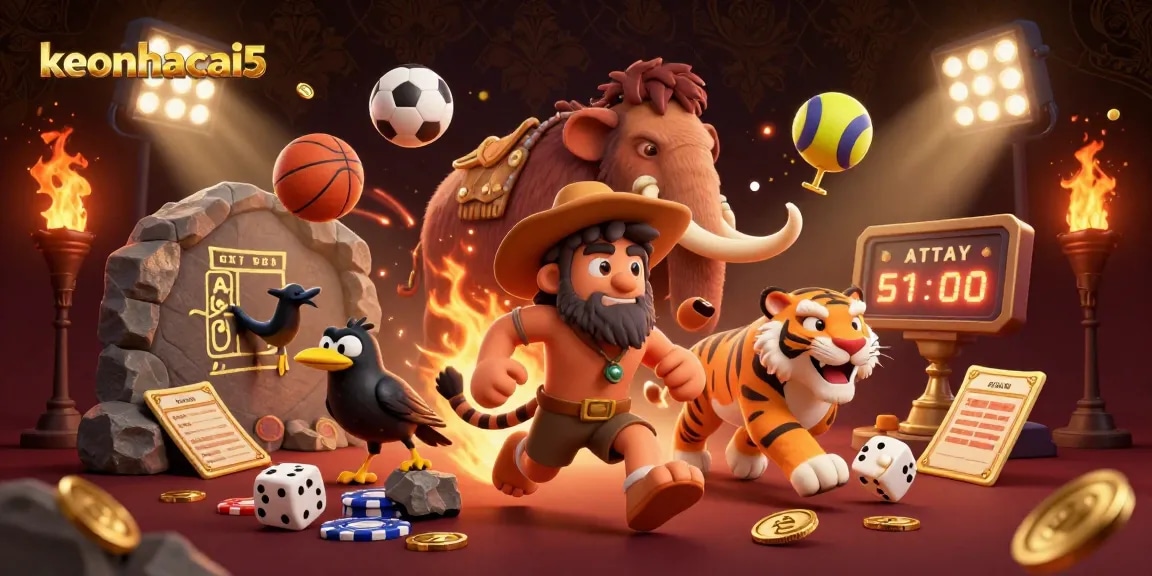 Experience thrilling sports betting with keonhacai5 at the prehistoric casino, featuring unique characters and dynamic elements.