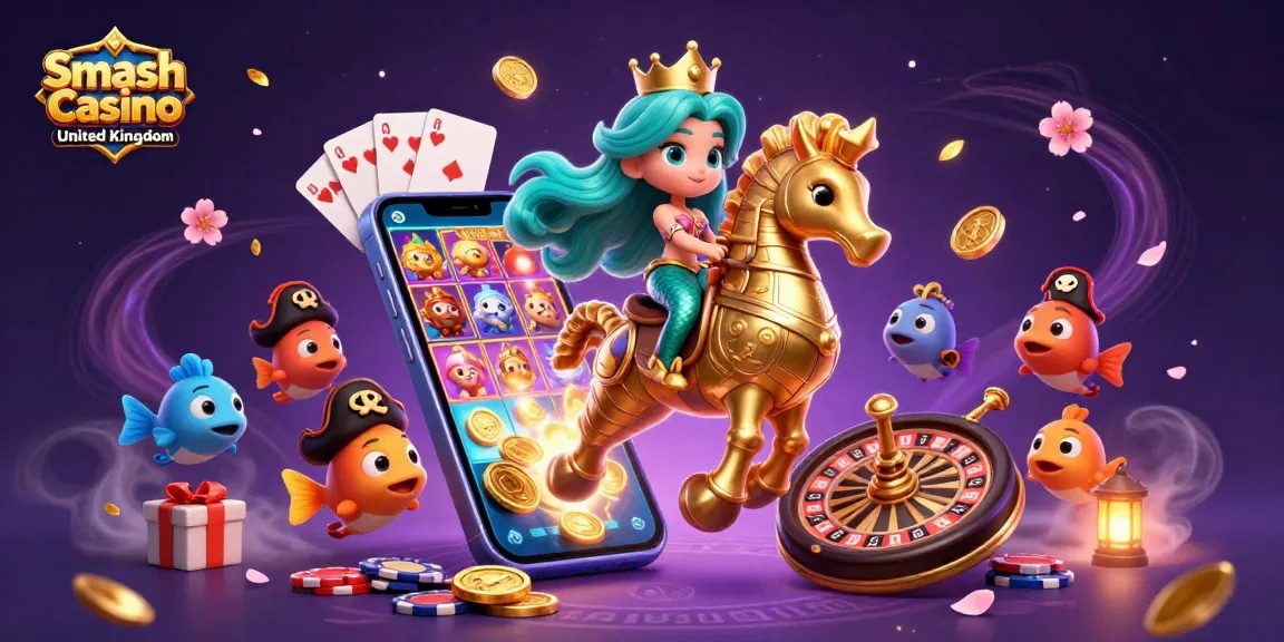 Experience the excitement of Smash Casino United Kingdom with a vibrant 3D illustration of a mermaid and casino elements.