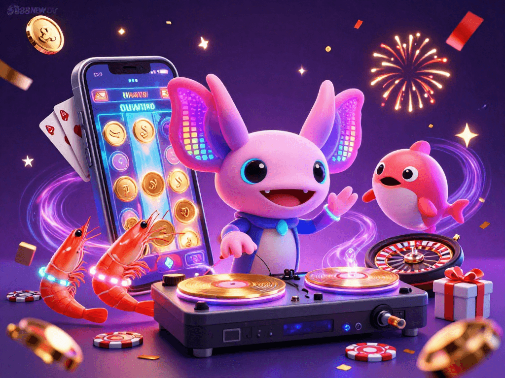 Experience the excitement of 888NEW with a vibrant DJ and animated sea creatures celebrating in a dynamic casino scene.