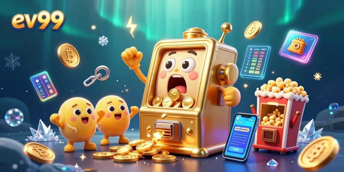 ev99 slot machine celebrates with golden coins pouring out, highlighting vibrant casino action.