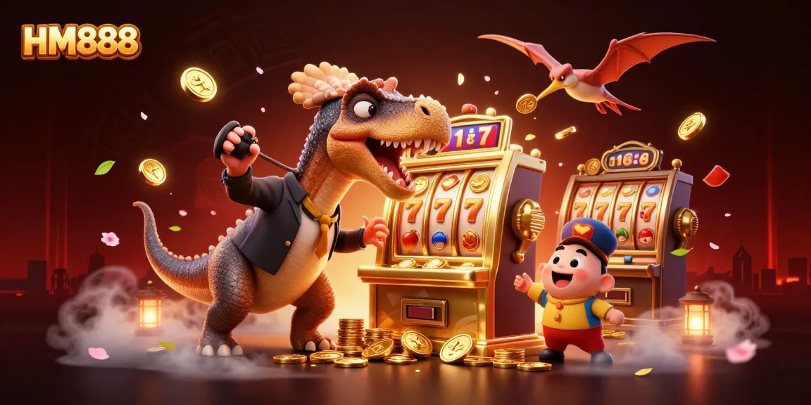 HM888 casino adventure featuring vibrant characters and winning slot machine action in a detailed 3D scene.