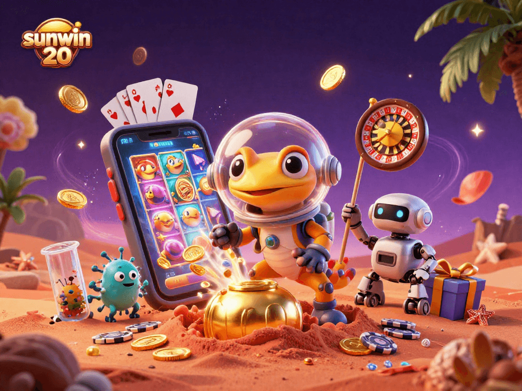 Play colorful slot games with golden winnings at sunwin 20, featuring vibrant casino elements and Martian characters.