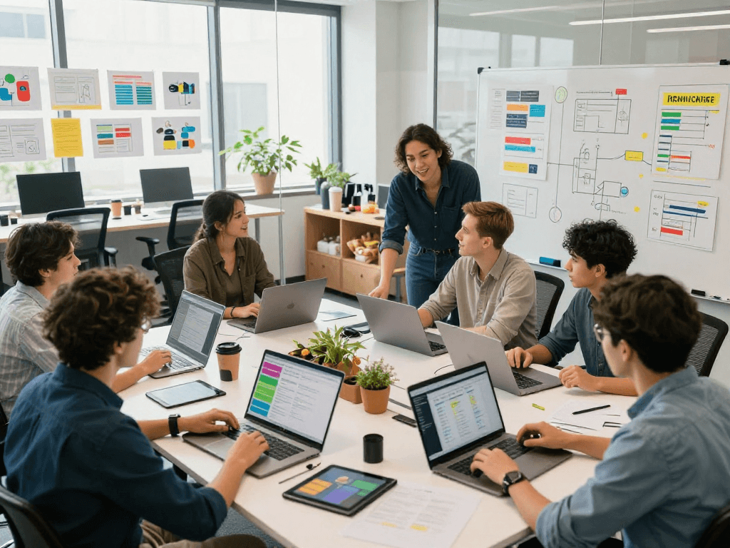 Diverse team of developers collaborating on a tailor management app in a modern workspace, showcasing teamwork and technical creativity.