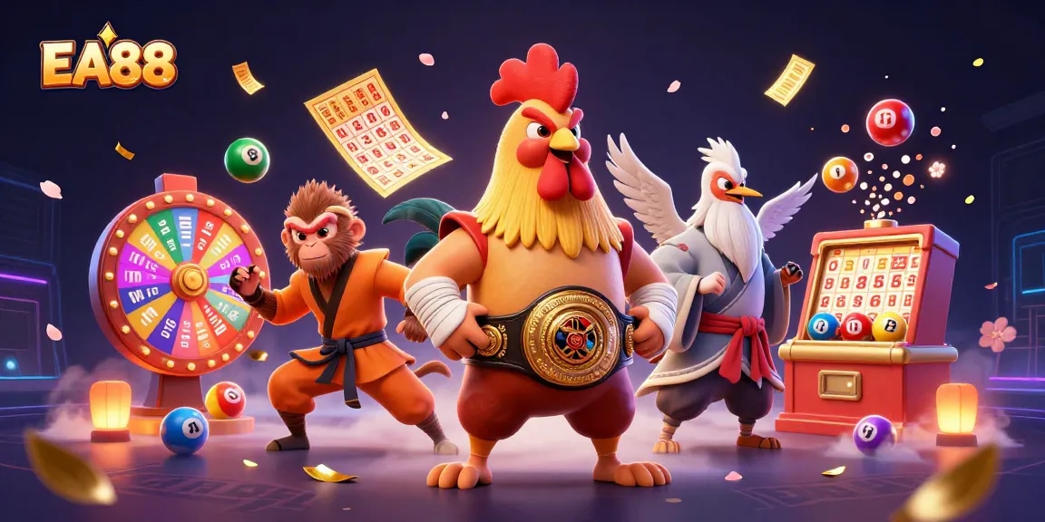 EA88 showcases a lively illustration featuring a Muay Thai rooster, martial monkey, and wise crane with lottery elements.