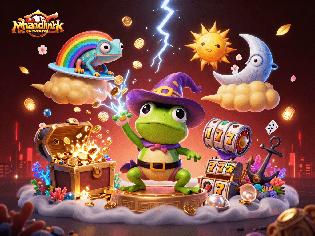 Nhandinhkeonhacai showcases a wizard frog amidst a storm of coins, epitomizing immersive casino excitement.