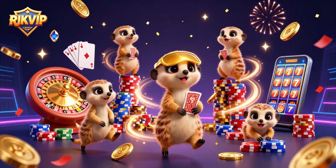 Engage with the thrilling world of RIKVIP casino through this vibrant and dynamic 3D illustration showcasing meerkats in action.