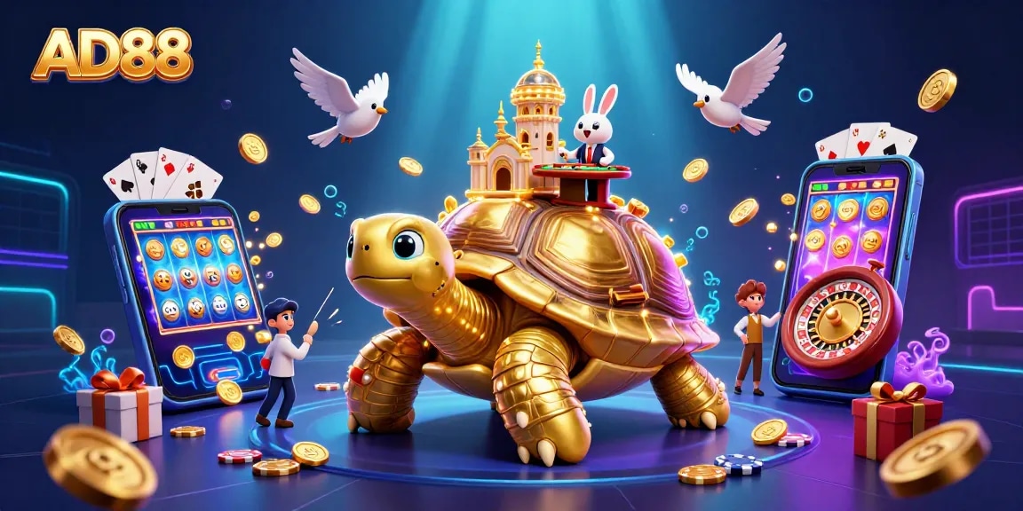 Experience the excitement of AD88 with its engaging casino games and vibrant visuals of golden tortoise and rabbit dealer.