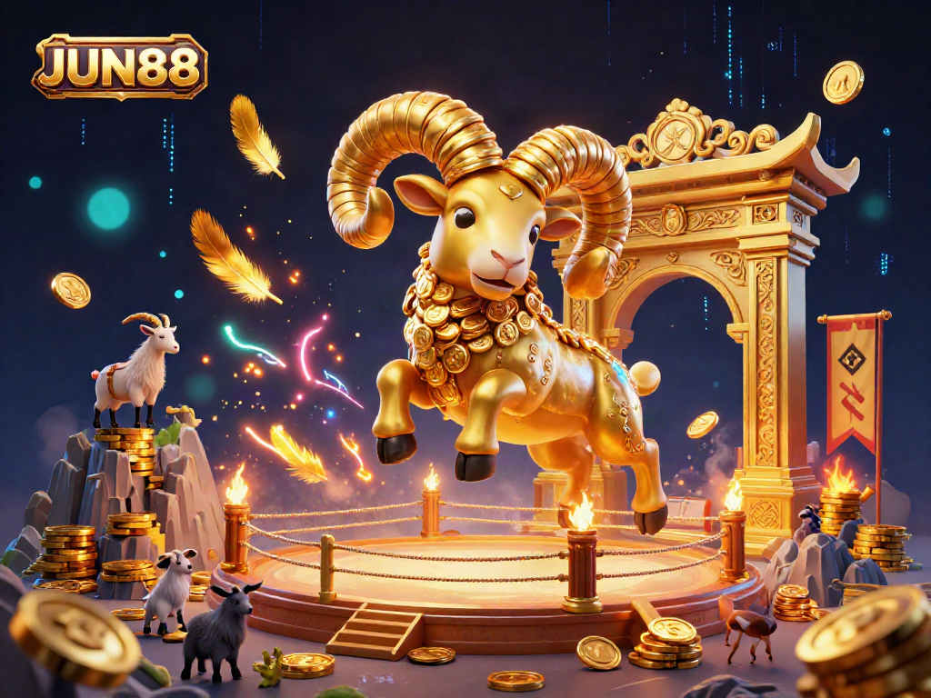 Experience the excitement of JUN88 with a 3D illustration showcasing a golden ram charging through a vibrant casino scene.