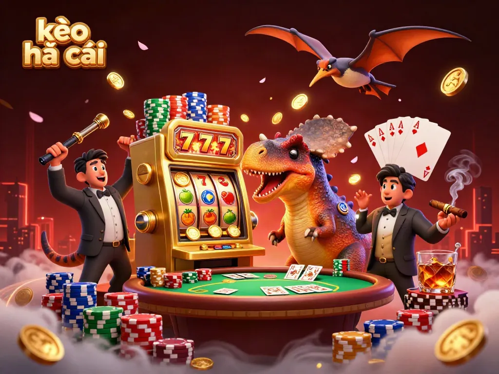 Engaging kèo nhà cái experience with dynamic dinosaur characters at a casino, showcasing excitement and action.