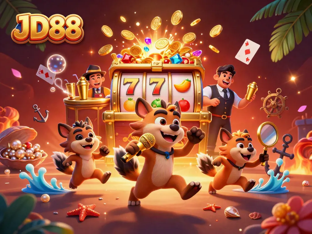 Engage with JD88’s vibrant casino scene featuring hyenas and dazzling game elements in dynamic action.