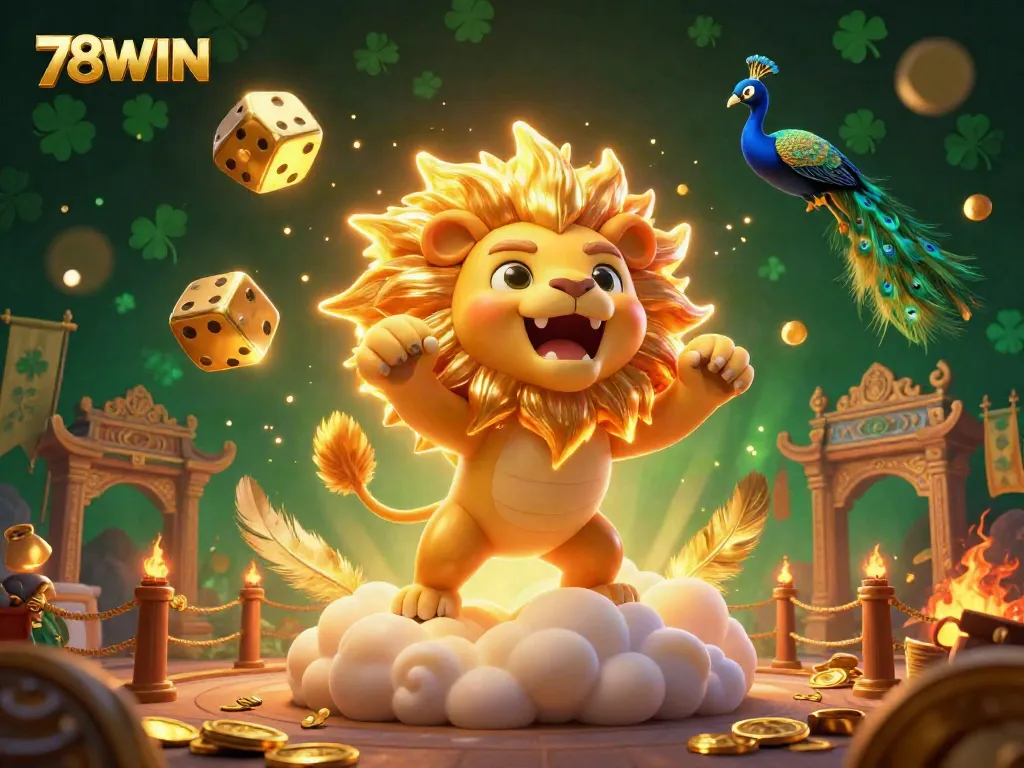 Engage in thrilling gameplay at 78WIN, featuring stunning visuals with a roaring lion, dice, and vibrant casino elements.