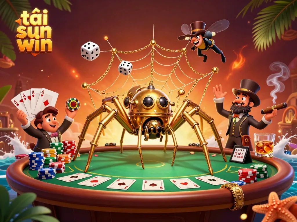 Catch the excitement of tải sun win with this vibrant 3D illustration of a spider and poker elements.