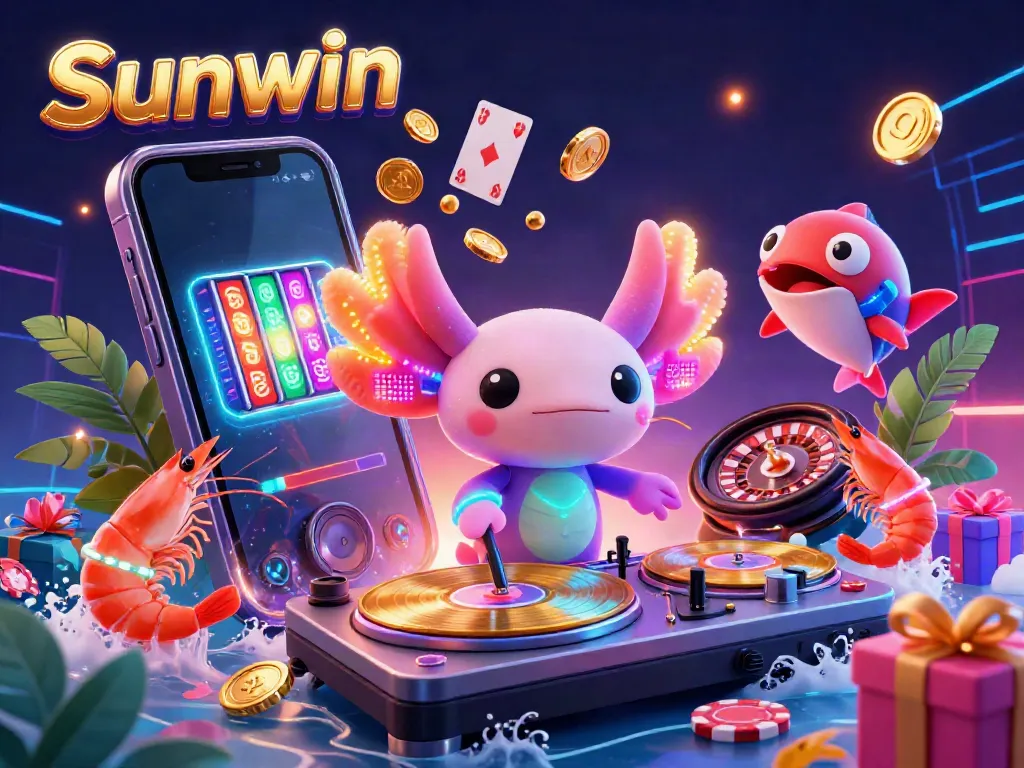 Experience colorful entertainment with Sunwin's vibrant 3D casino scene featuring interactive game elements and energetic characters.