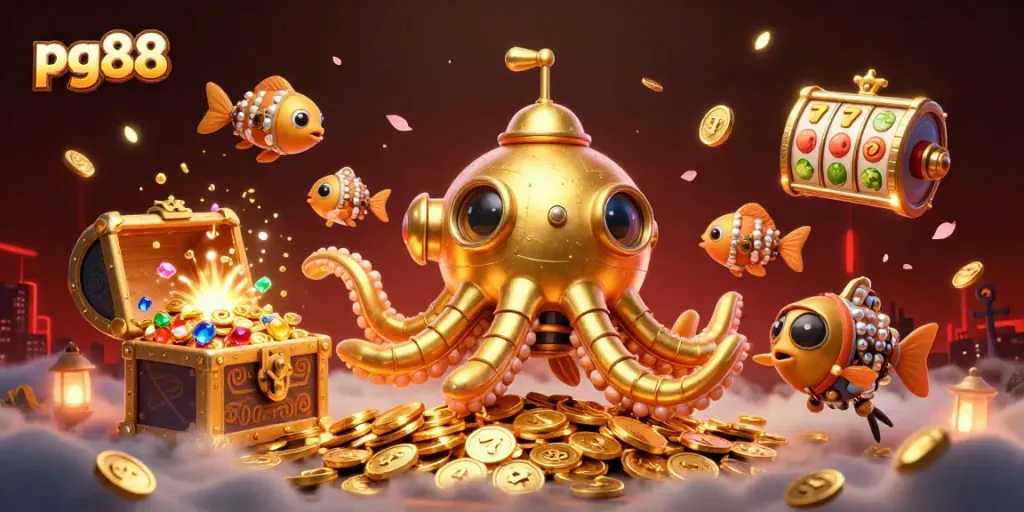 Experience thrilling action in pg88's vibrant casino with captivating slot elements and a golden kraken.