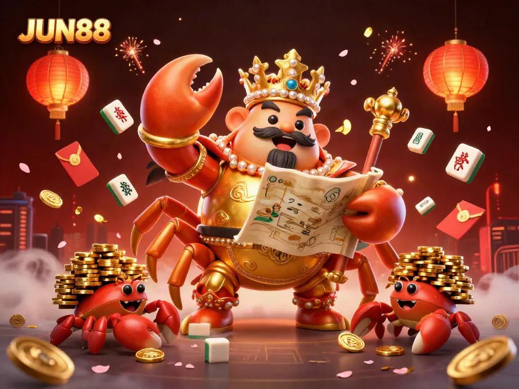 Experience JUN88's dynamic gaming world with a majestic golden crab emperor and vibrant game elements.