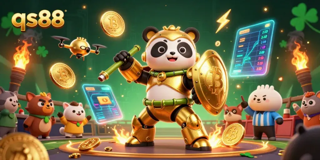 Engage with thrilling qs88 gameplay featuring a golden panda in an arena filled with vibrant crypto elements.