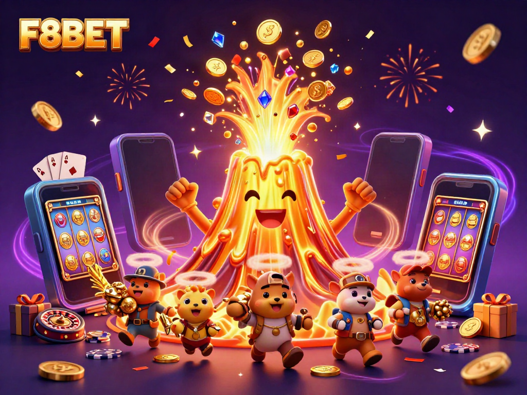 Experience the thrilling eruption of F8BET with treasures and games flying everywhere in this vibrant digital casino scene.