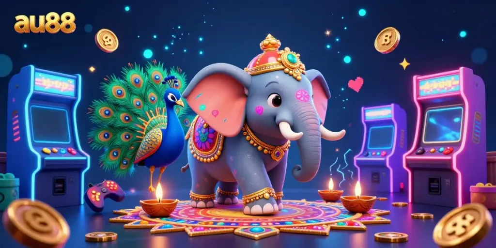 Engage in fun at au88 with a colorful 3D illustration featuring vibrant casino elements.