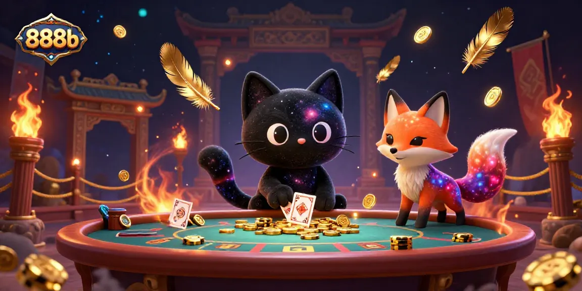 Engage with the cosmic gaming allure of 888b, featuring a black hole cat attracting golden chips and cards.
