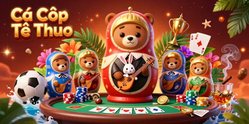 Cá Cược Thể Thao features a vibrant 3D scene with cartoon bears in casino attire engaging with sports betting elements around a poker table.