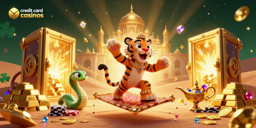 Exciting scene showcasing credit card casinos with a charismatic tiger sultan, magic genie, and golden treasures