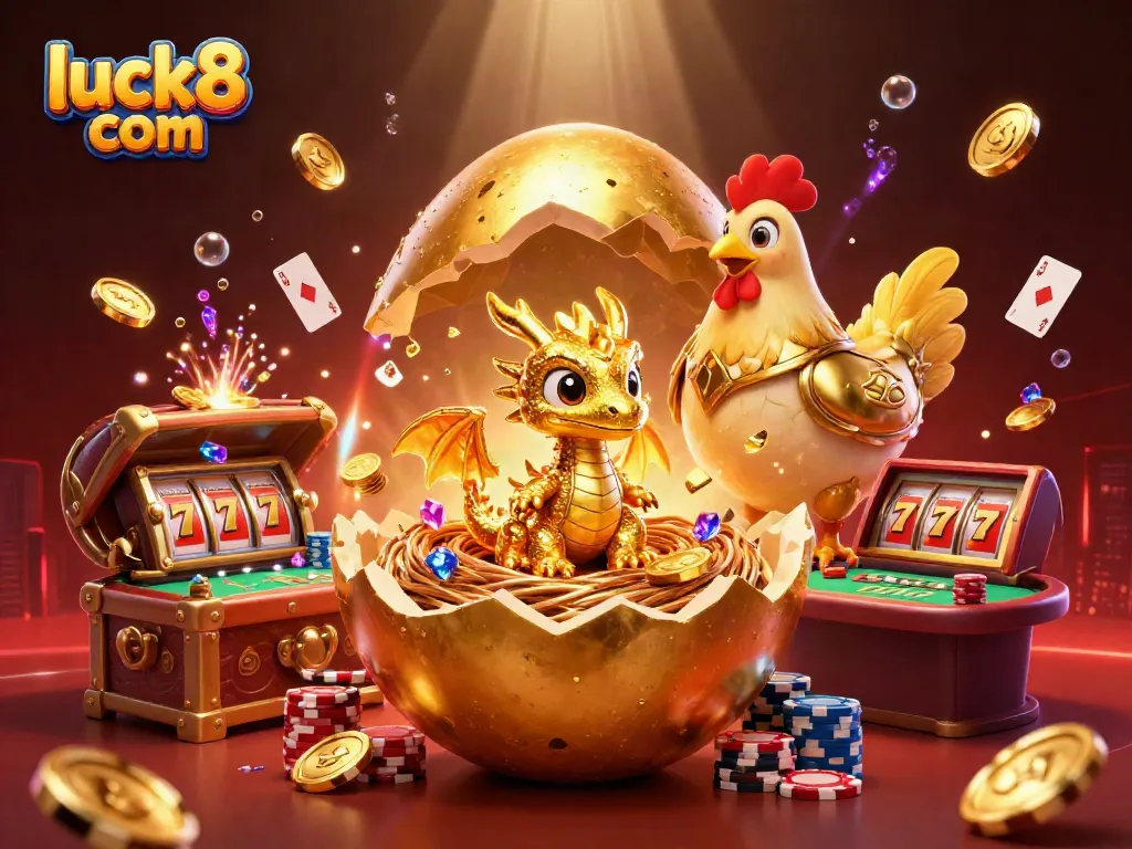 Experience thrilling wins at luck8 com with a golden baby dragon and poker chips in this captivating 3D illustration.