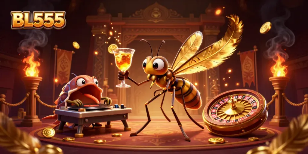 Engage with the exciting BL555 online casino featuring a vibrant 3D scene with unique characters and casino elements.