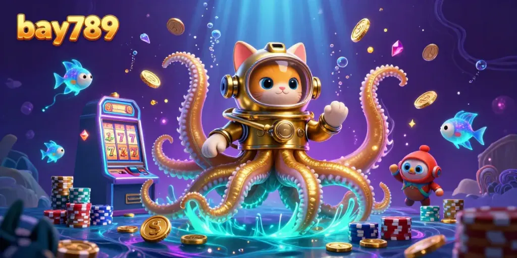 Experience exciting gameplay at bay789 with a vibrant kraken and diving cat amidst cascading treasures.