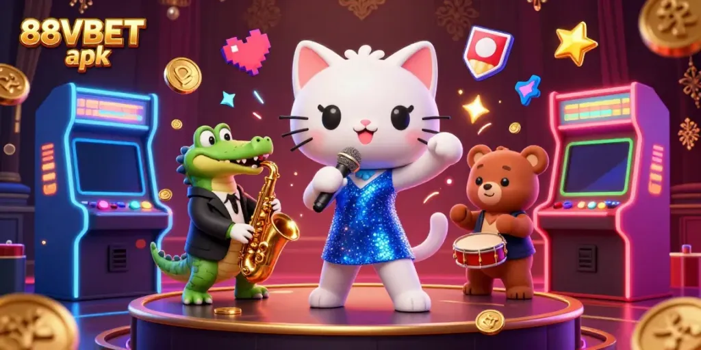 Experience the vibrant world of 88VBET apk with lively characters and gaming elements in a dazzling casino scene.
