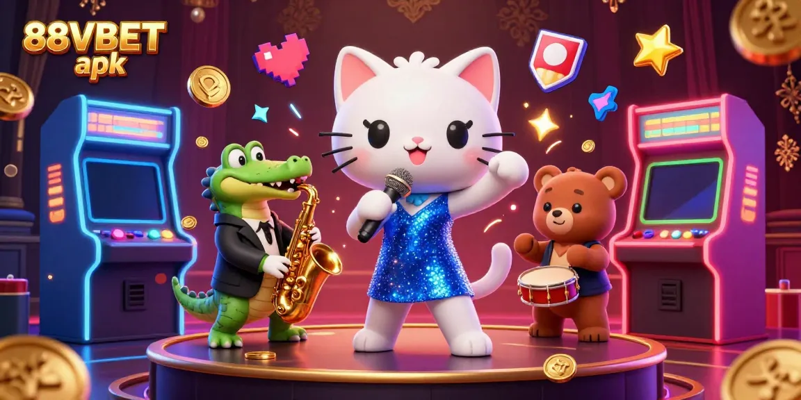 Experience the vibrant world of 88VBET apk with lively characters and gaming elements in a dazzling casino scene.