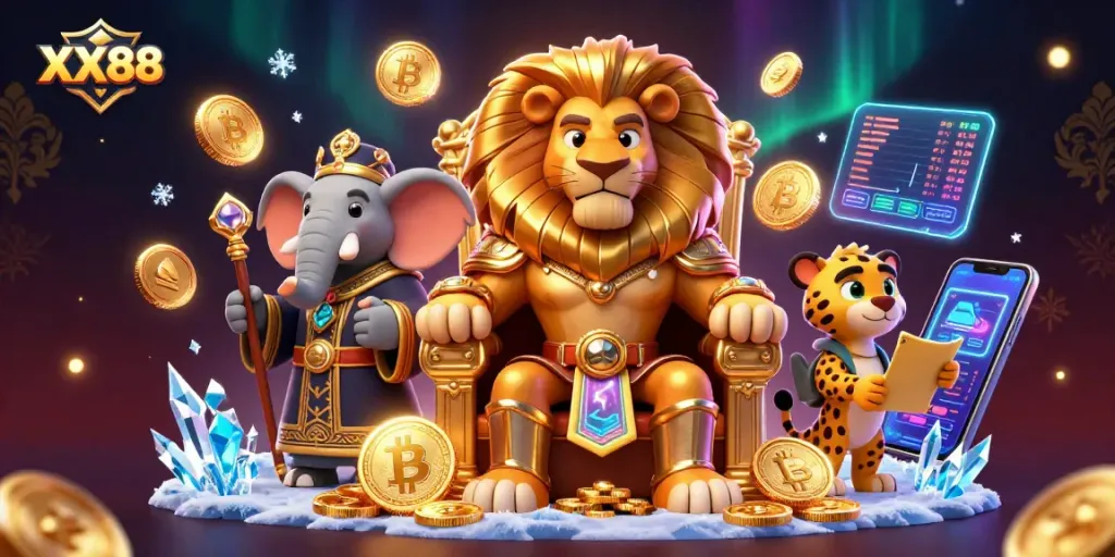 Spin the reels with XX88 as the lion king presides over digital riches in this colorful casino scene.