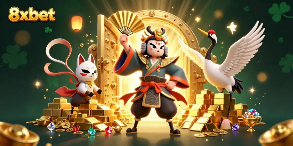 Experience thrilling gameplay at 8xbet with dazzling treasures and vibrant characters in a captivating casino scene.