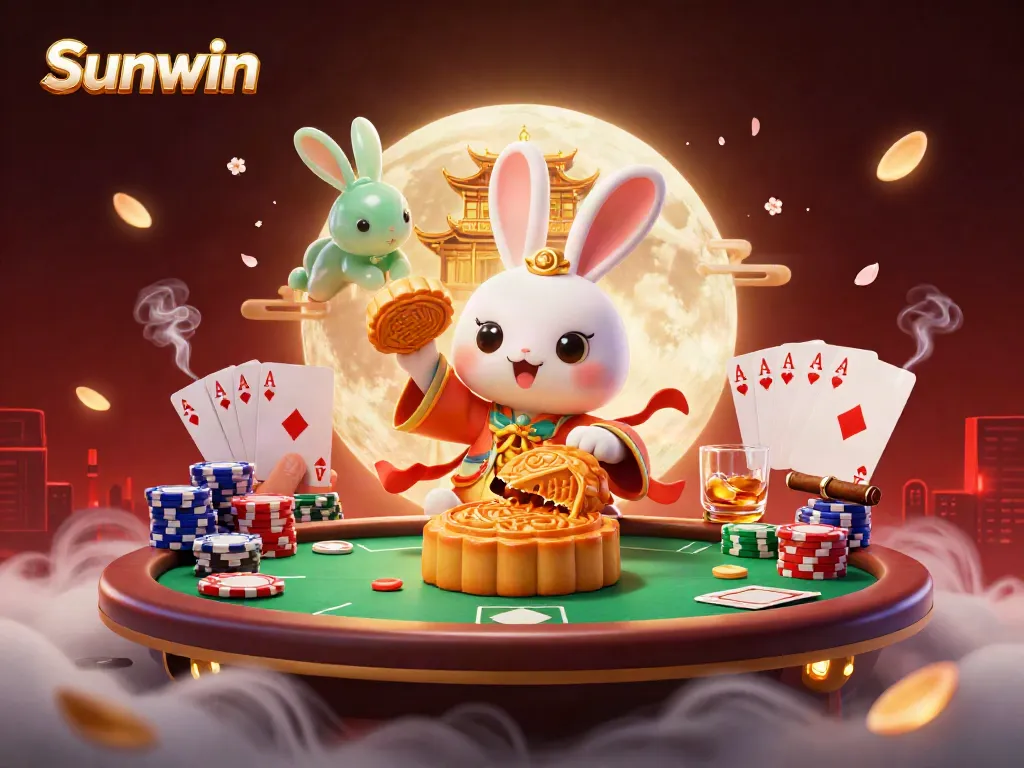 Play poker and win with Sunwin in a vibrant lunar-themed game scene