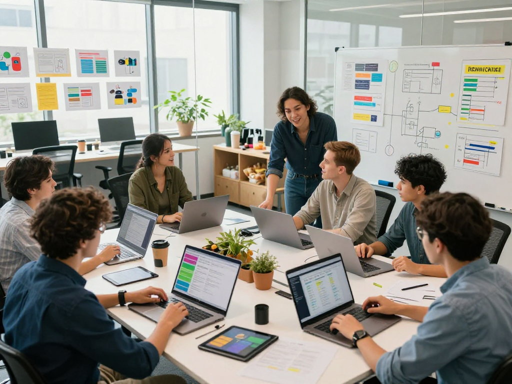 Diverse team of developers collaborating on a tailor management app in a modern workspace, showcasing teamwork and technical creativity.