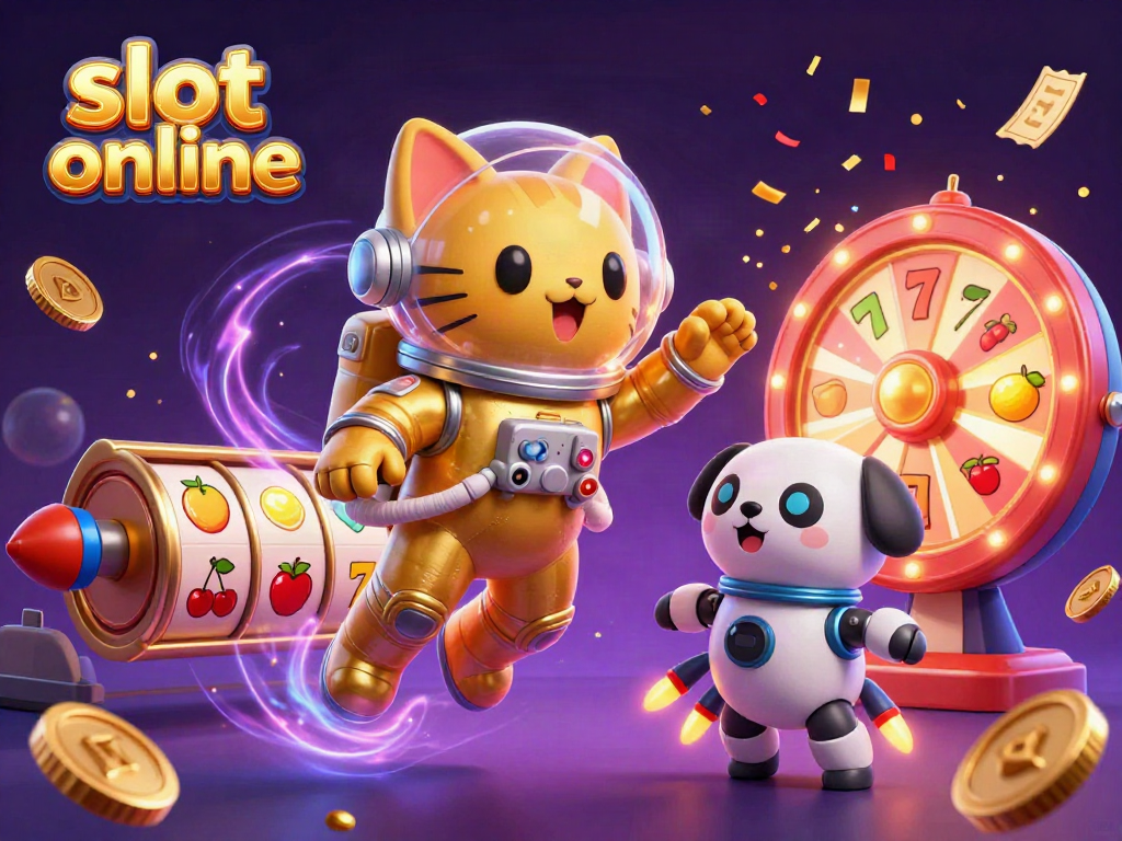 Spin colorful slot online reels with vibrant symbols as the astronaut cat and robot dog float in a celebrating cosmic scene.
