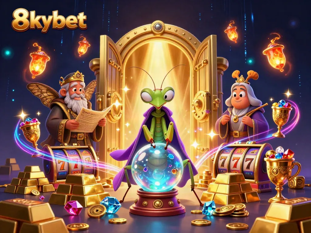 Experience thrilling gameplay at 8xbet with a vibrant scene of fortune tellers and treasures.