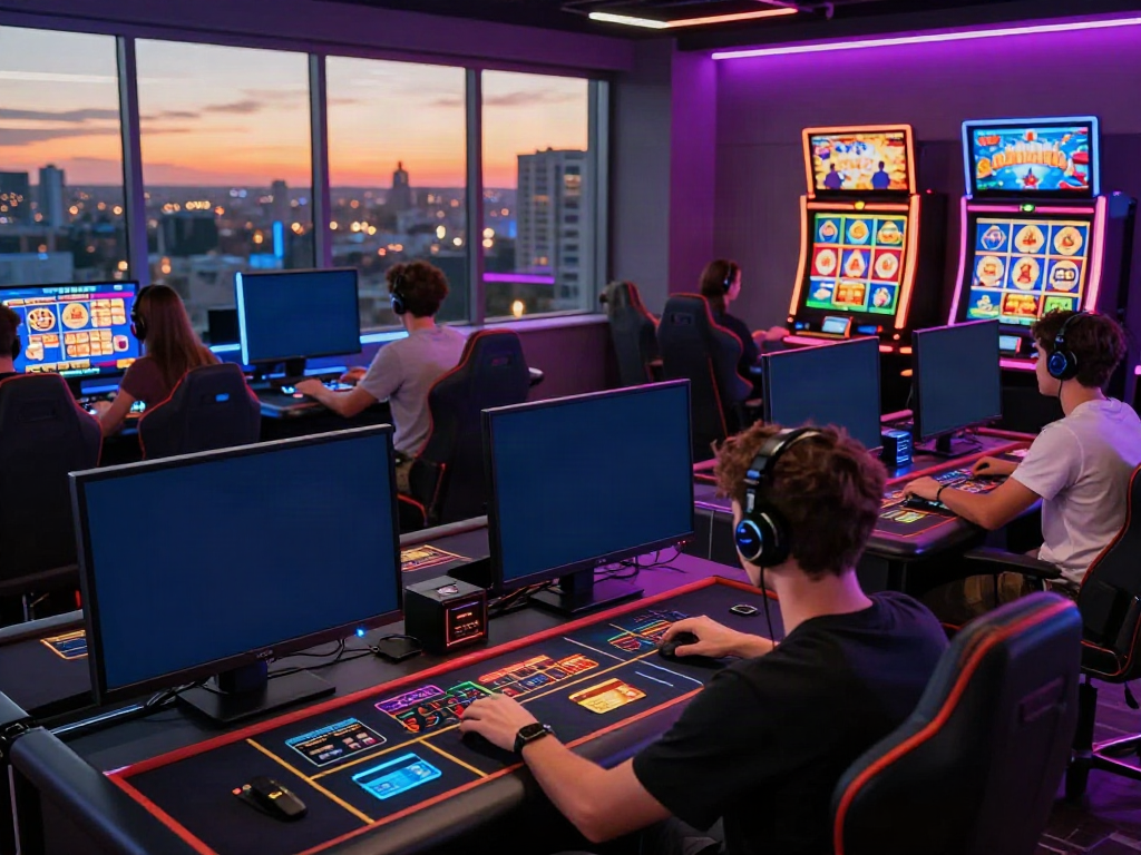 Players immersed in a vibrant online gaming environment at casinos that accept credit cards, highlighted by screens and gaming equipment.